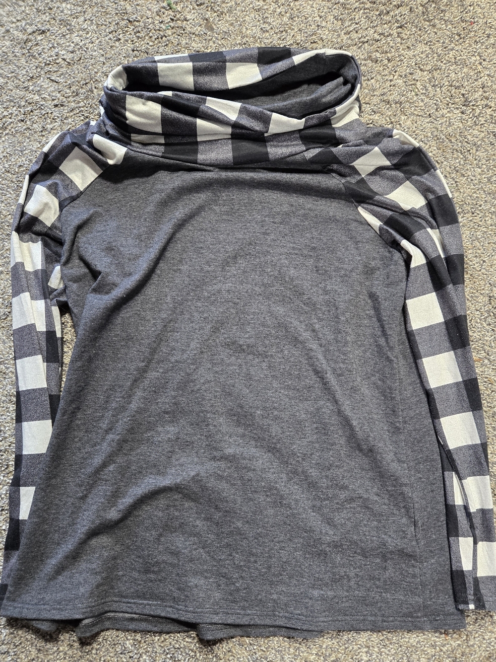 Women's Charcoal Gray Plaid-Sleeve Cowl Neck Top